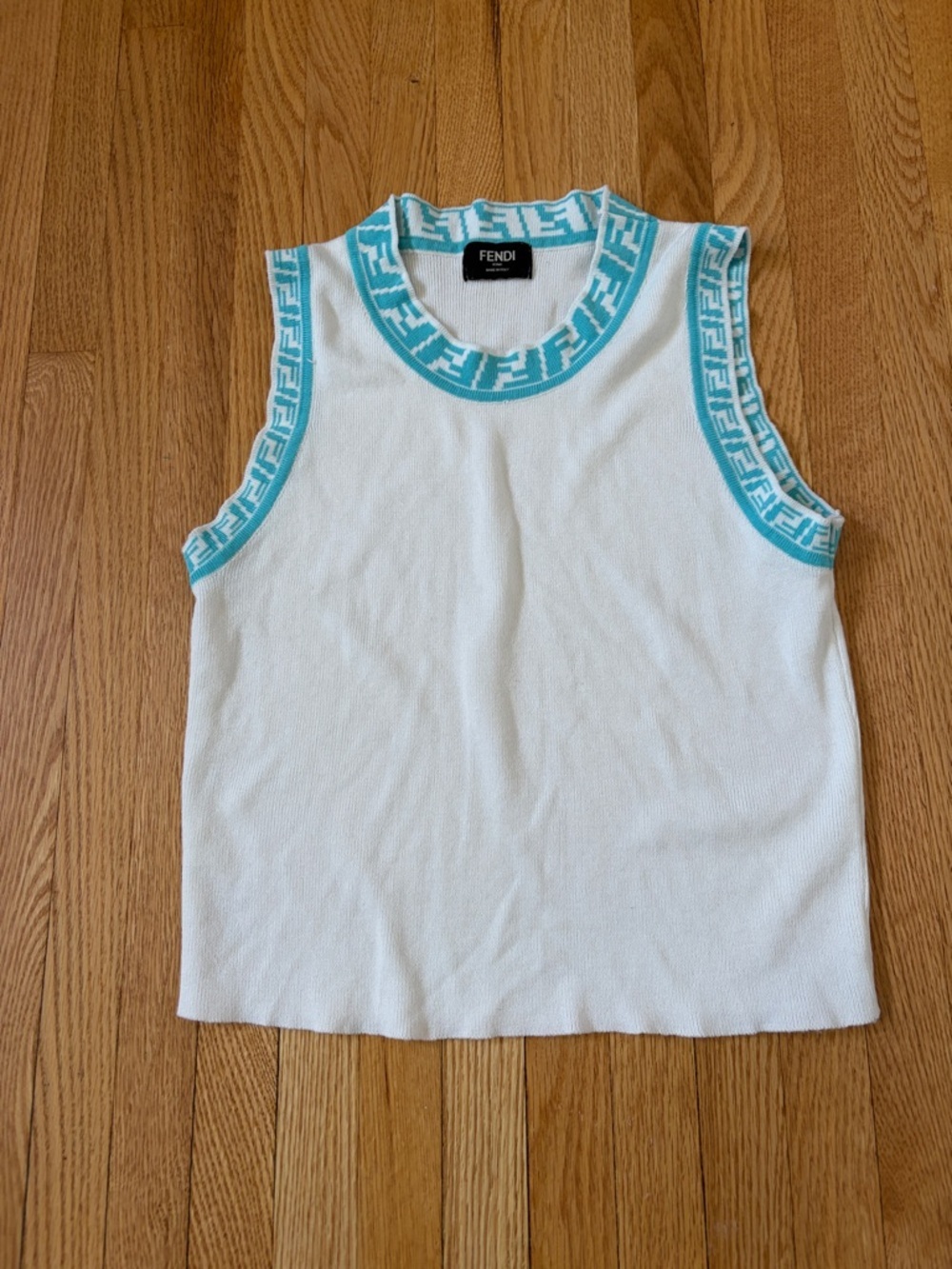 F Icon White Knit Sleeveless Top with Turquoise-Blue FF Trim